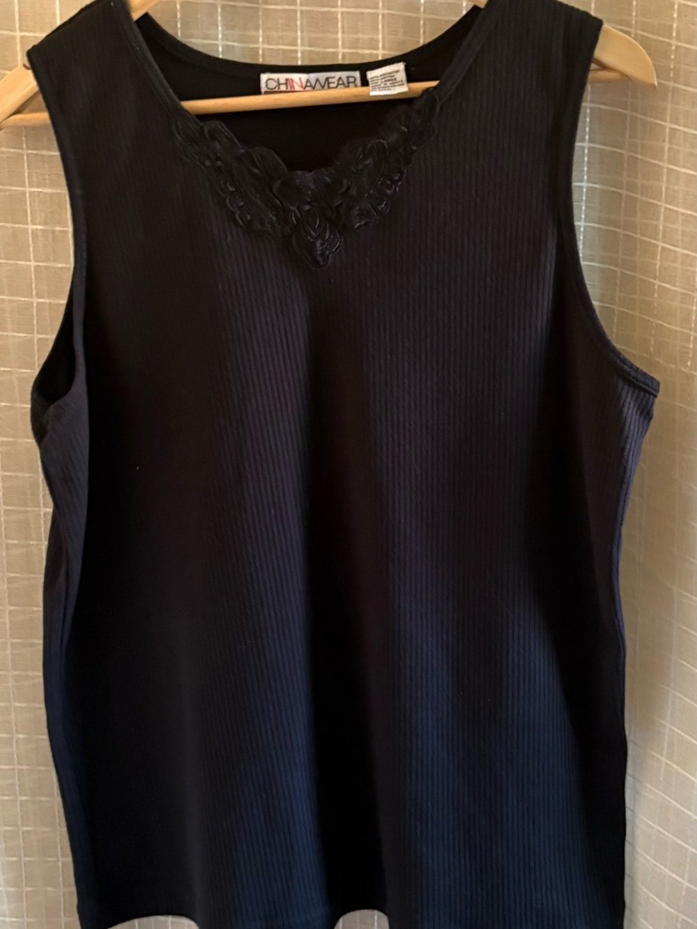 Black Ribbed Sleeveless Tank with Embroidered V-Neck